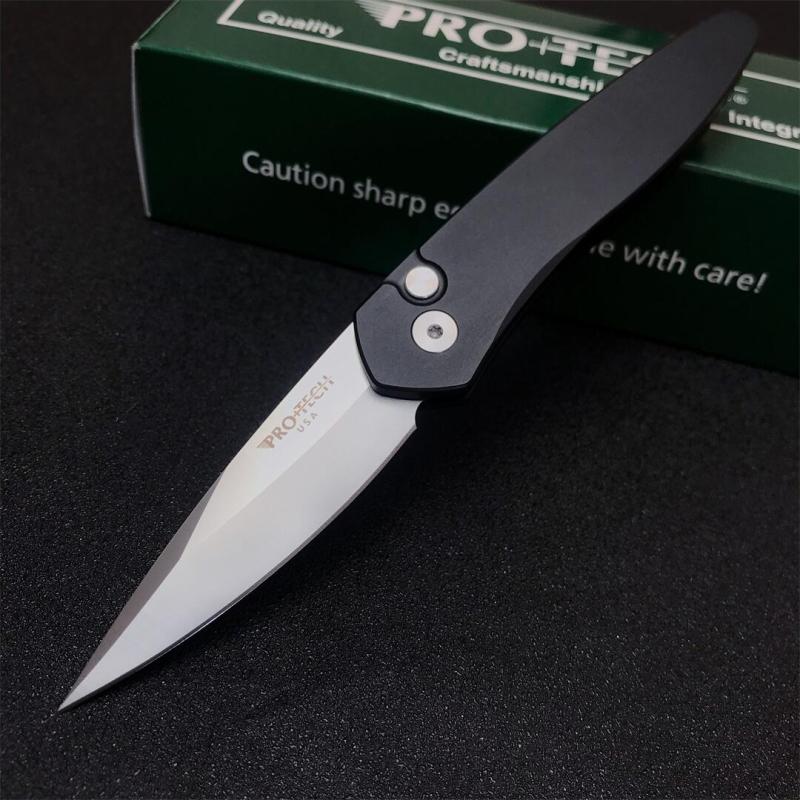Pro-Tech 3407 Newport AUTO Folding Knife 3" S35VN Black DLC Plain Blade, Aluminum Handles