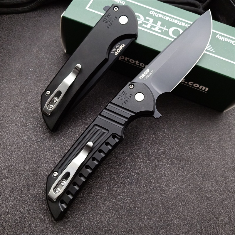 Pro-TechMordax Manual Button Lock Flipper Knife 3.15" CPM-20CV Black DLC Drop Point Blade, Aviation Aluminum Handles