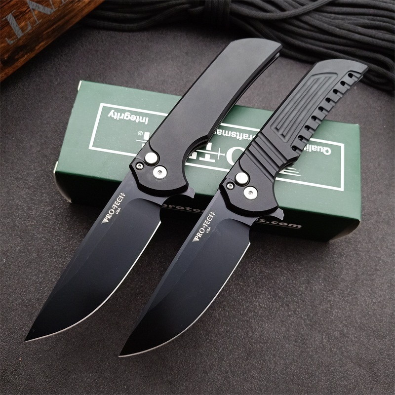 Pro-TechMordax Manual Button Lock Flipper Knife 3.15" CPM-20CV Black DLC Drop Point Blade, Aviation Aluminum Handles