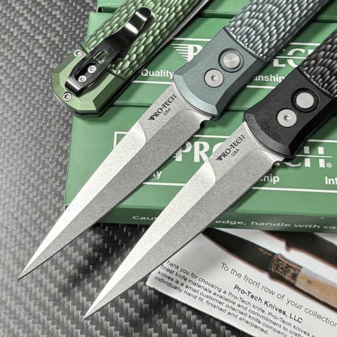 Pro-Tech 924 Knifes Godfather AUTO Folding Knife 3.94" 154CM Bead Blasted Plain Blade, Jigged Aluminum Handles