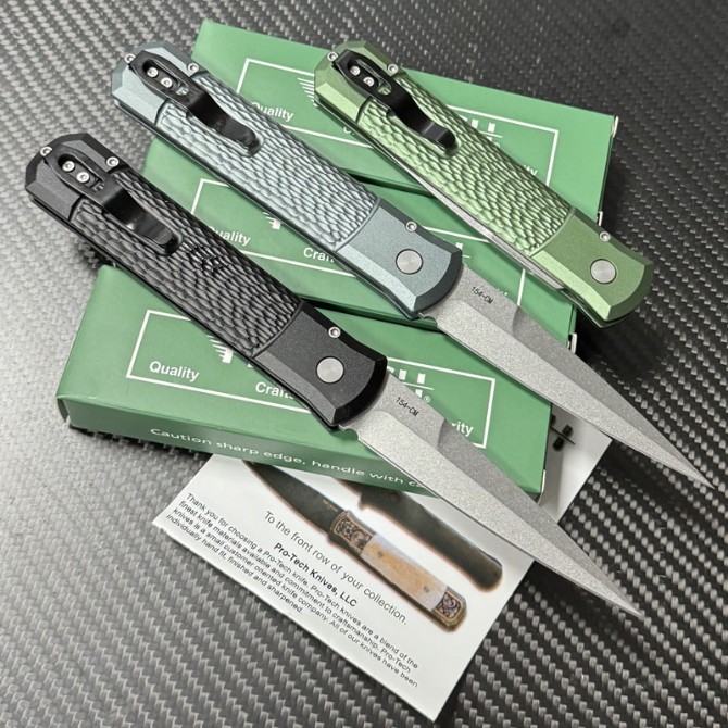 Pro-Tech 924 Knifes Godfather AUTO Folding Knife 3.94" 154CM Bead Blasted Plain Blade, Jigged Aluminum Handles