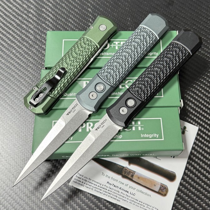 Pro-Tech 924 Knifes Godfather AUTO Folding Knife 3.94" 154CM Bead Blasted Plain Blade, Jigged Aluminum Handles