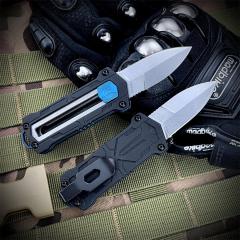 Kershaw 1190 Knives Sliding Button Lock Manual OTF Knife 1.9"  8Cr13MoV Stonewashed Spear Point Blade, Black GFN Handles