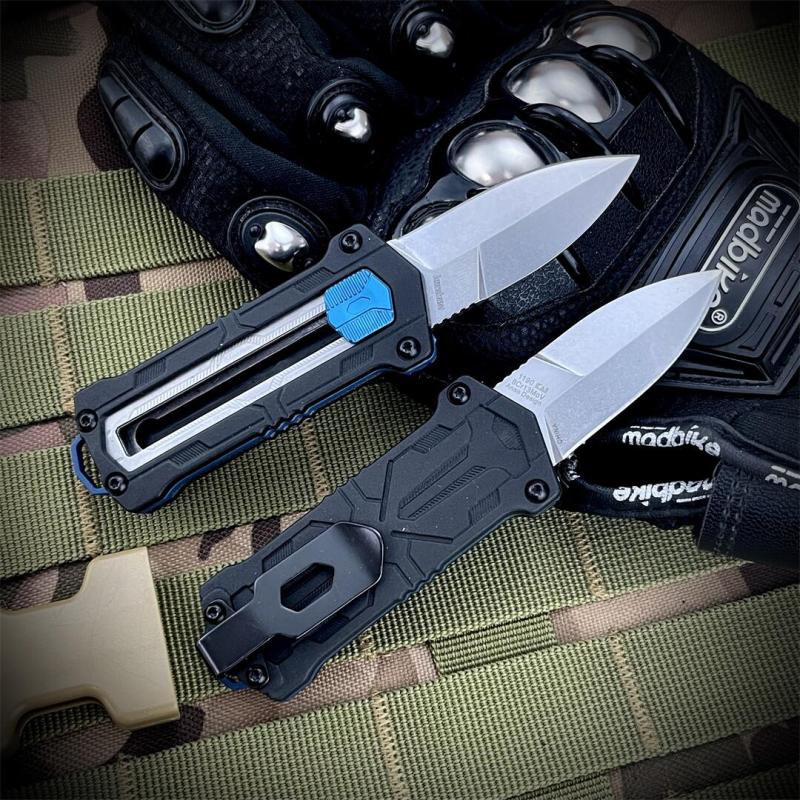 Kershaw 1190 Knives Sliding Button Lock Manual OTF Knife 1.9"  8Cr13MoV Stonewashed Spear Point Blade, Black GFN Handles