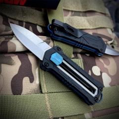 Kershaw 1190 Knives Sliding Button Lock Manual OTF Knife 1.9"  8Cr13MoV Stonewashed Spear Point Blade, Black GFN Handles