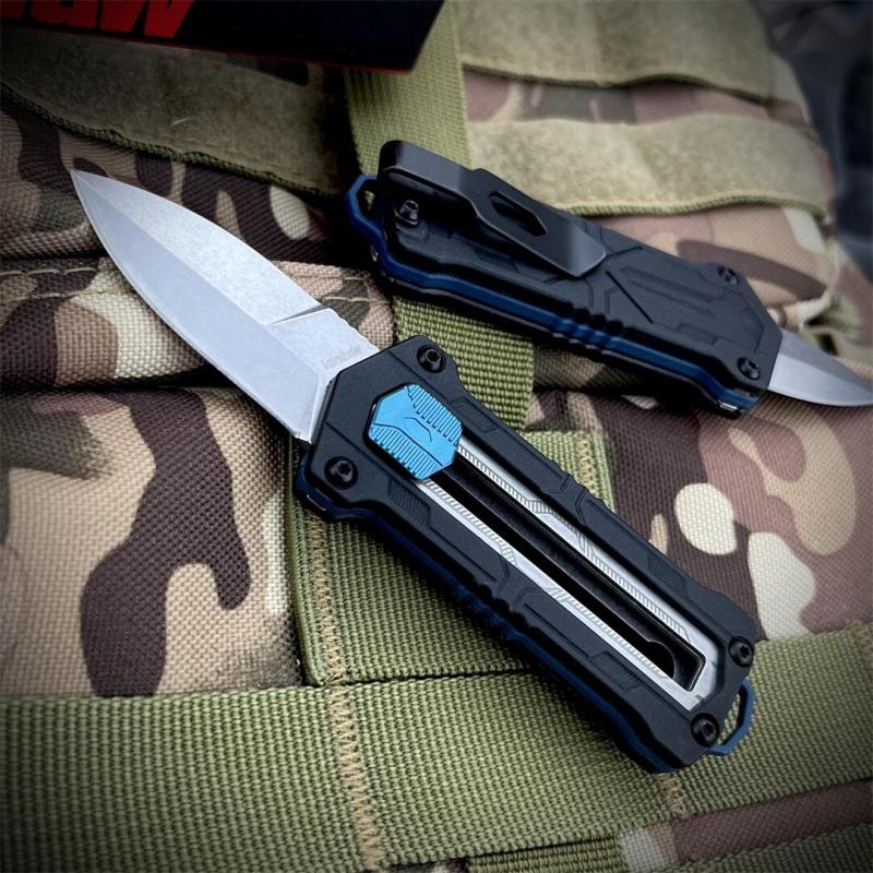Kershaw 1190 Knives Sliding Button Lock Manual OTF Knife 1.9"  8Cr13MoV Stonewashed Spear Point Blade, Black GFN Handles