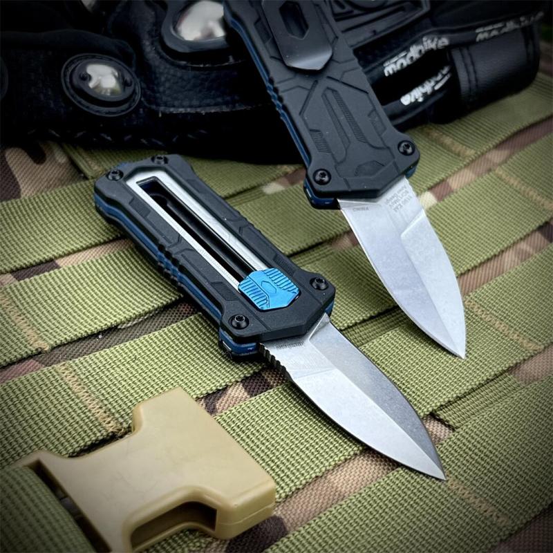Kershaw 1190 Knives Sliding Button Lock Manual OTF Knife 1.9"  8Cr13MoV Stonewashed Spear Point Blade, Black GFN Handles
