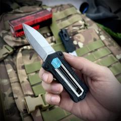 Kershaw 1190 Knives Sliding Button Lock Manual OTF Knife 1.9"  8Cr13MoV Stonewashed Spear Point Blade, Black GFN Handles