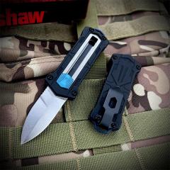 Kershaw 1190 Knives Sliding Button Lock Manual OTF Knife 1.9"  8Cr13MoV Stonewashed Spear Point Blade, Black GFN Handles