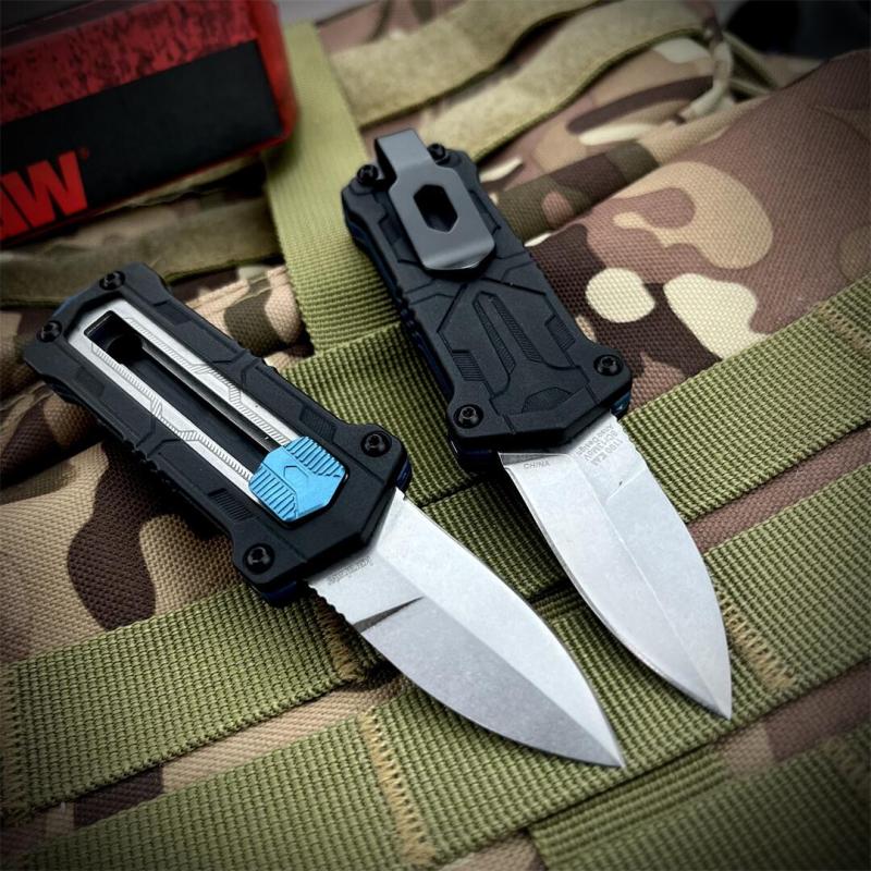Kershaw 1190 Knives Sliding Button Lock Manual OTF Knife 1.9"  8Cr13MoV Stonewashed Spear Point Blade, Black GFN Handles