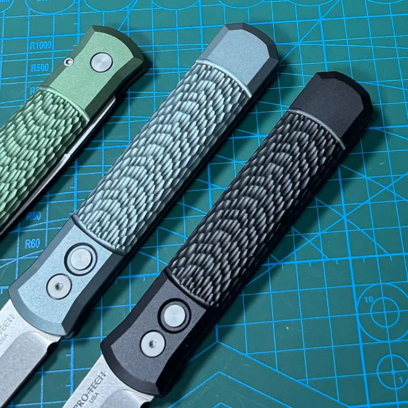 Pro-Tech 924 Knives Godfather AUTO Folding Knife 3.94" 154CM Bead Blasted Plain Blade, Jigged Aluminum Handles