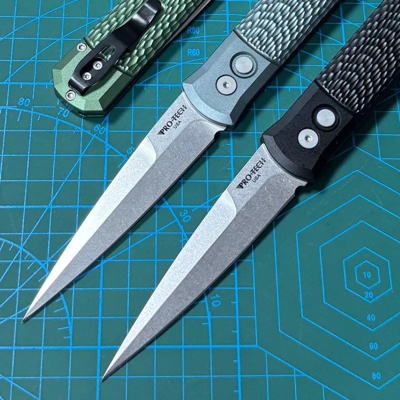 Pro-Tech 924 Knives Godfather AUTO Folding Knife 3.94" 154CM Bead Blasted Plain Blade, Jigged Aluminum Handles