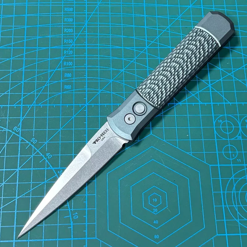 Pro-Tech 924 Knives Godfather AUTO Folding Knife 3.94" 154CM Bead Blasted Plain Blade, Jigged Aluminum Handles