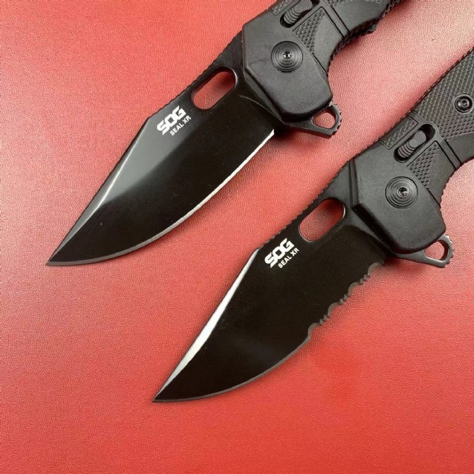 SOG SEAL XR Flipper Knifes 3.78" Black TiNi S35VN Clip Point Blade, Black GRN Handles - XR Lock