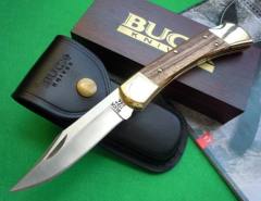BK 110 Hunter Knife Folding 3.74" 440c Blade, Ebony Wood Handles, Lockback, Leather Sheath