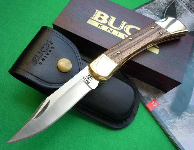 BK 110 Hunter Knife Folding 3.74" 440c Blade, Ebony Wood Handles, Lockback, Leather Sheath
