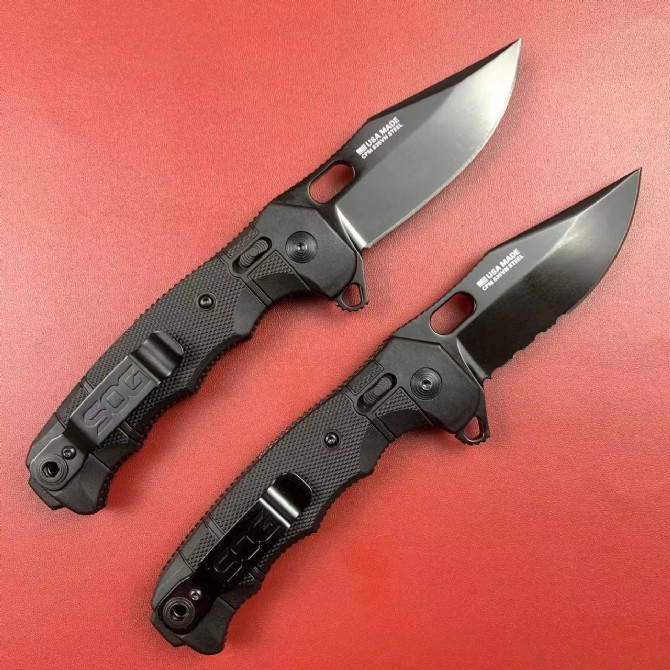 SOG SEAL XR Flipper Knifes 3.78" Black TiNi S35VN Clip Point Blade, Black GRN Handles - XR Lock