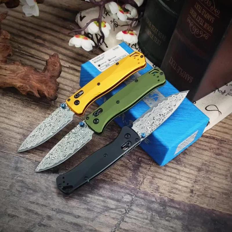 BM 535BK-07 Knife Bugout AXIS 3.15" Damascus Satin Plain Folding Blade, Aluminum Handles