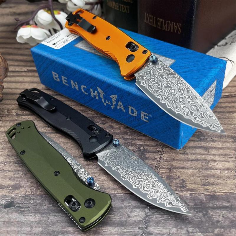 BM 535BK-07 Knife Bugout AXIS 3.15" Damascus Satin Plain Folding Blade, Aluminum Handles