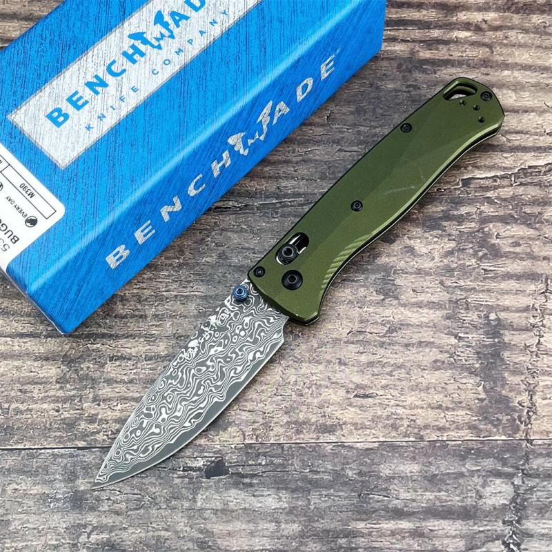 BM 535BK-07 Knife Bugout AXIS 3.15" Damascus Satin Plain Folding Blade, Aluminum Handles
