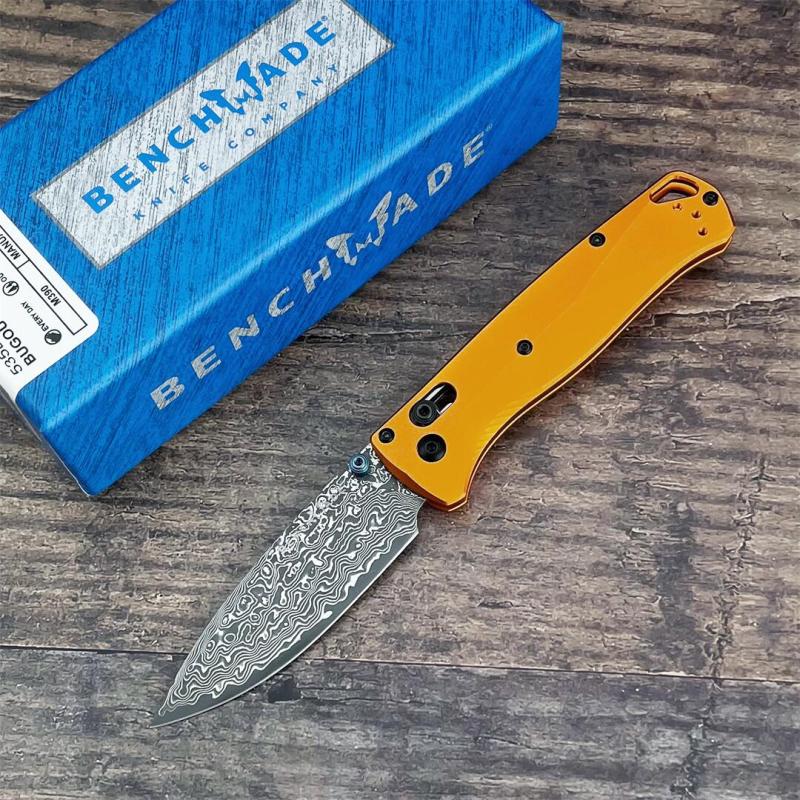 BM 535BK-07 Knife Bugout AXIS 3.15" Damascus Satin Plain Folding Blade, Aluminum Handles
