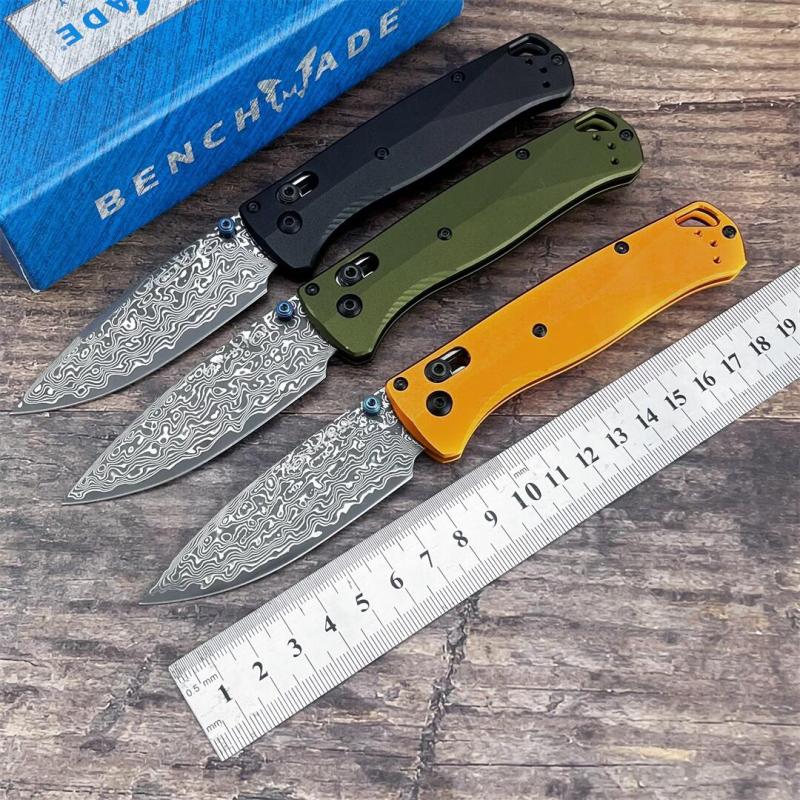 BM 535BK-07 Knife Bugout AXIS 3.15" Damascus Satin Plain Folding Blade, Aluminum Handles