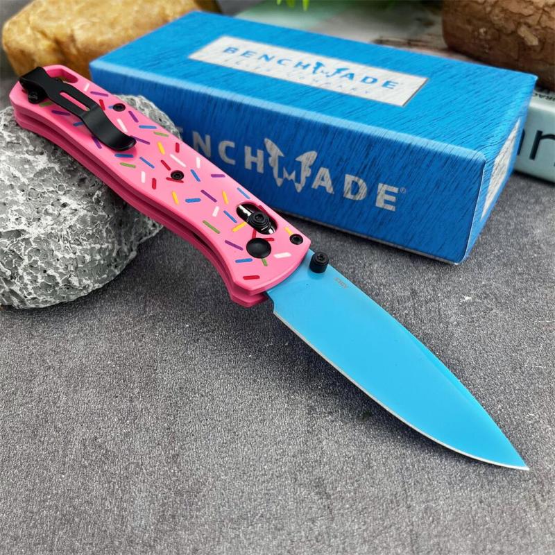 BM 535-3 Donut Pink Knife Bugout AXIS Folding 3.07" D2 Satin Plain Blade, G10 Handles