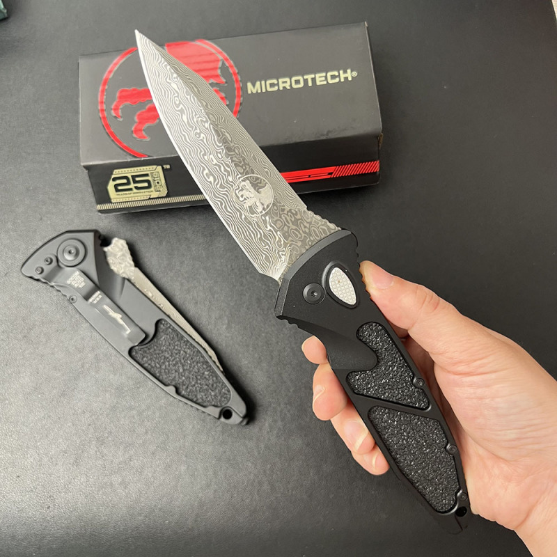 MT Delta AUTO Knife 3.86" Damascus Plain Folding Blade, CNC Aluminum Handles