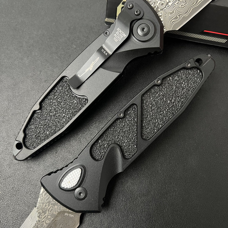 MT Delta AUTO Knife 3.86" Damascus Plain Folding Blade, CNC Aluminum Handles