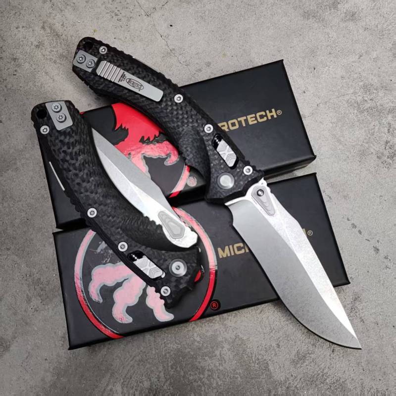 MT Amphibian RAM-LOK Manual Knife 3.62" M390MK Plain Folding Blade, Carbon Fiber Handles