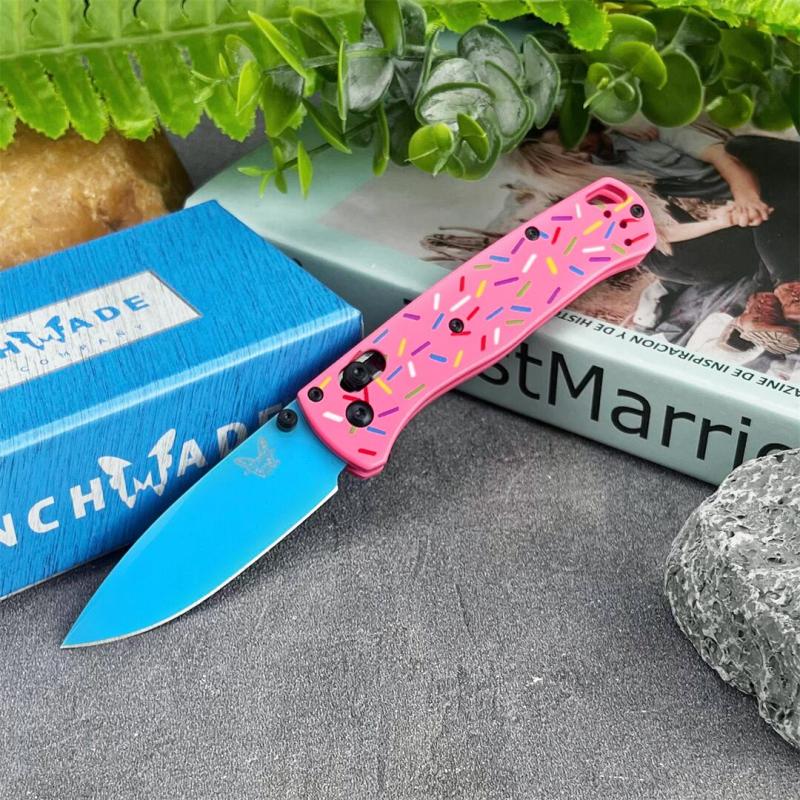 BM 535-3 Donut Pink Knife Bugout AXIS Folding 3.07" D2 Satin Plain Blade, G10 Handles
