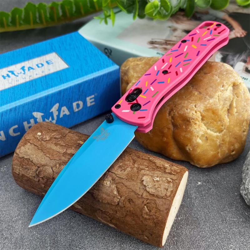 BM 535-3 Donut Pink Knife Bugout AXIS Folding 3.07" D2 Satin Plain Blade, G10 Handles