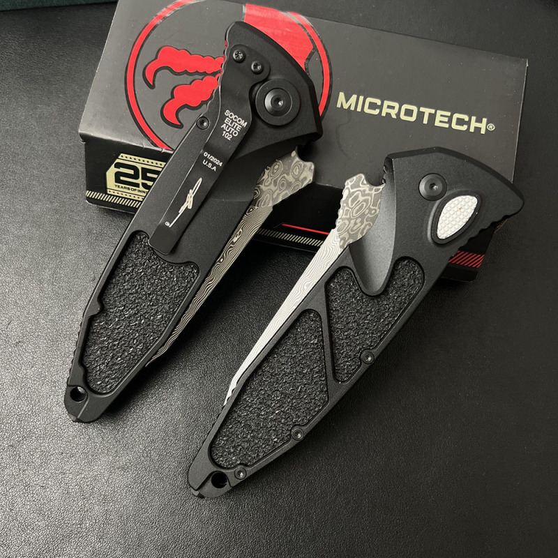 MT Delta AUTO Knife 3.86" Damascus Plain Folding Blade, CNC Aluminum Handles
