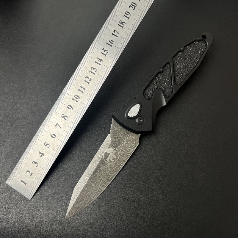 MT Delta AUTO Knife 3.86" Damascus Plain Folding Blade, CNC Aluminum Handles