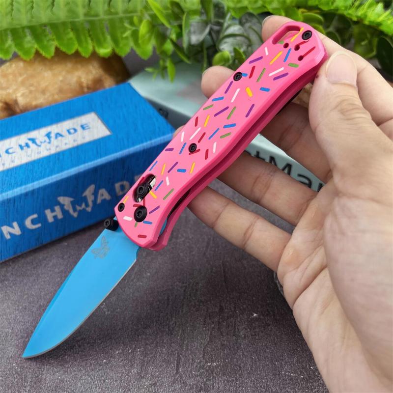 BM 535-3 Donut Pink Knife Bugout AXIS Folding 3.07" D2 Satin Plain Blade, G10 Handles