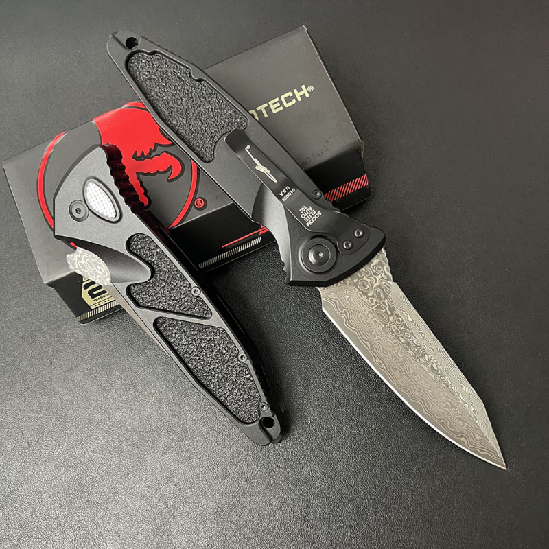 MT Delta AUTO Knife 3.86" Damascus Plain Folding Blade, CNC Aluminum Handles