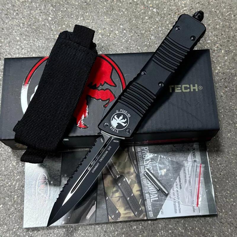 MT Troodon Knives AUTO OTF Knife 3.74" M390 Double Combo Edge Dagger Blade, Black Aluminum Handles