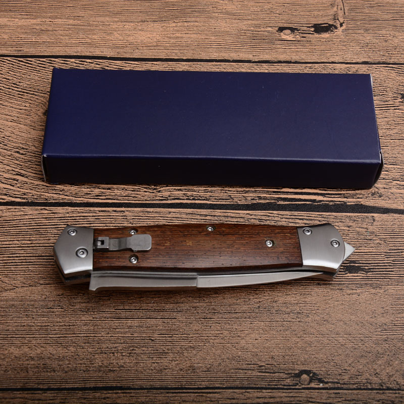 F125 Knifes Horizontal Fast Opening Auto Knife 3.54" 8Cr13 Satin Plain Blade, Wooden Handles