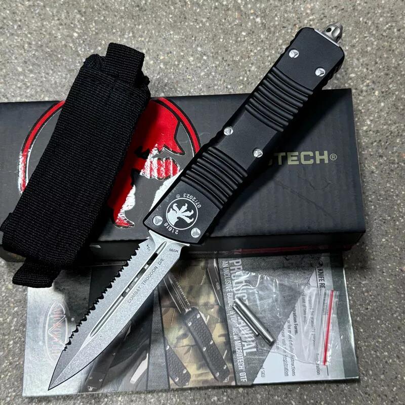 MT Troodon Knives AUTO OTF Knife 3.74" M390 Double Combo Edge Dagger Blade, Black Aluminum Handles