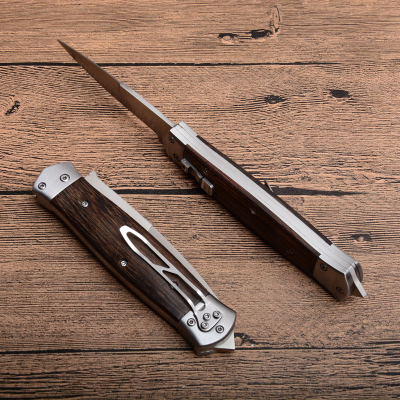 F125 Knifes Horizontal Fast Opening Auto Knife 3.54" 8Cr13 Satin Plain Blade, Wooden Handles