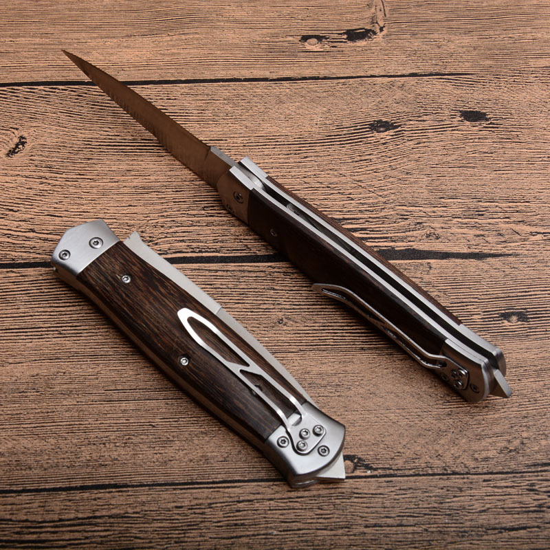 F125 Knifes Horizontal Fast Opening Auto Knife 3.54" 8Cr13 Satin Plain Blade, Wooden Handles