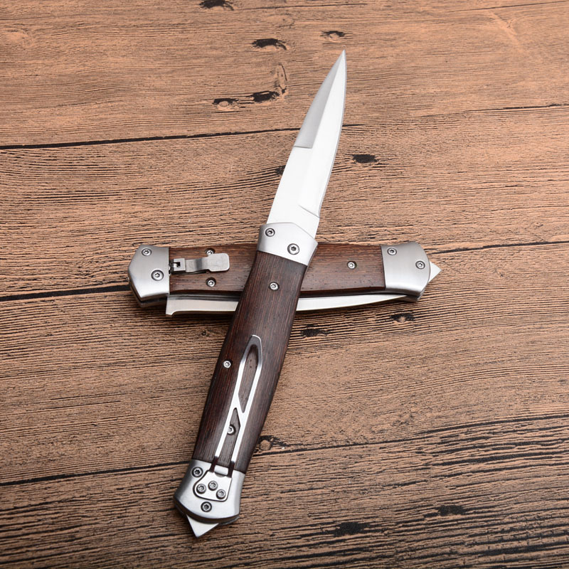 F125 Knifes Horizontal Fast Opening Auto Knife 3.54" 8Cr13 Satin Plain Blade, Wooden Handles
