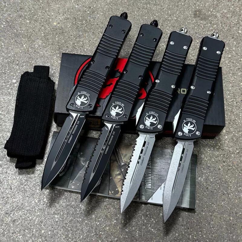 MT Troodon Knives AUTO OTF Knife 3.74" M390 Double Combo Edge Dagger Blade, Black Aluminum Handles