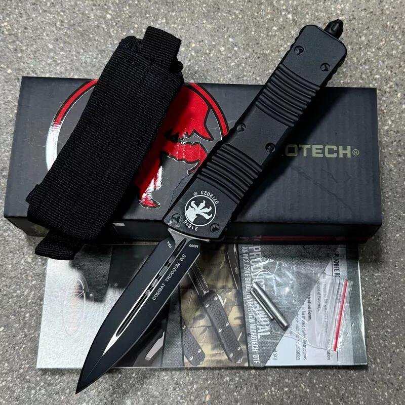 MT Troodon Knives AUTO OTF Knife 3.74" M390 Double Combo Edge Dagger Blade, Black Aluminum Handles