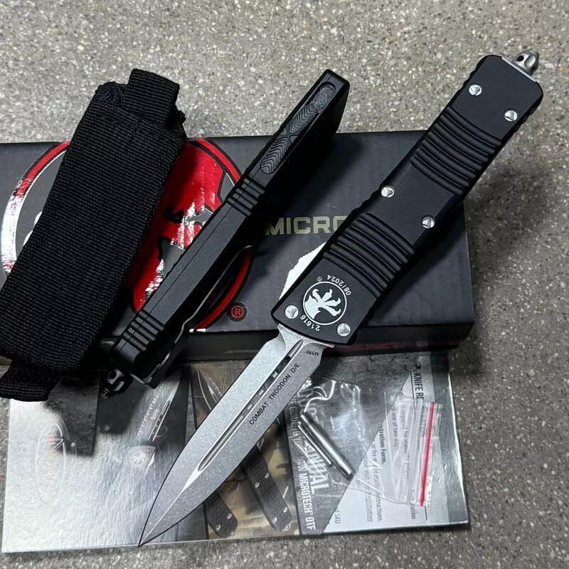 MT Troodon Knives AUTO OTF Knife 3.74" M390 Double Combo Edge Dagger Blade, Black Aluminum Handles