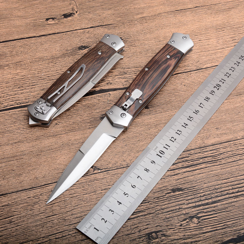 F125 Knifes Horizontal Fast Opening Auto Knife 3.54" 8Cr13 Satin Plain Blade, Wooden Handles