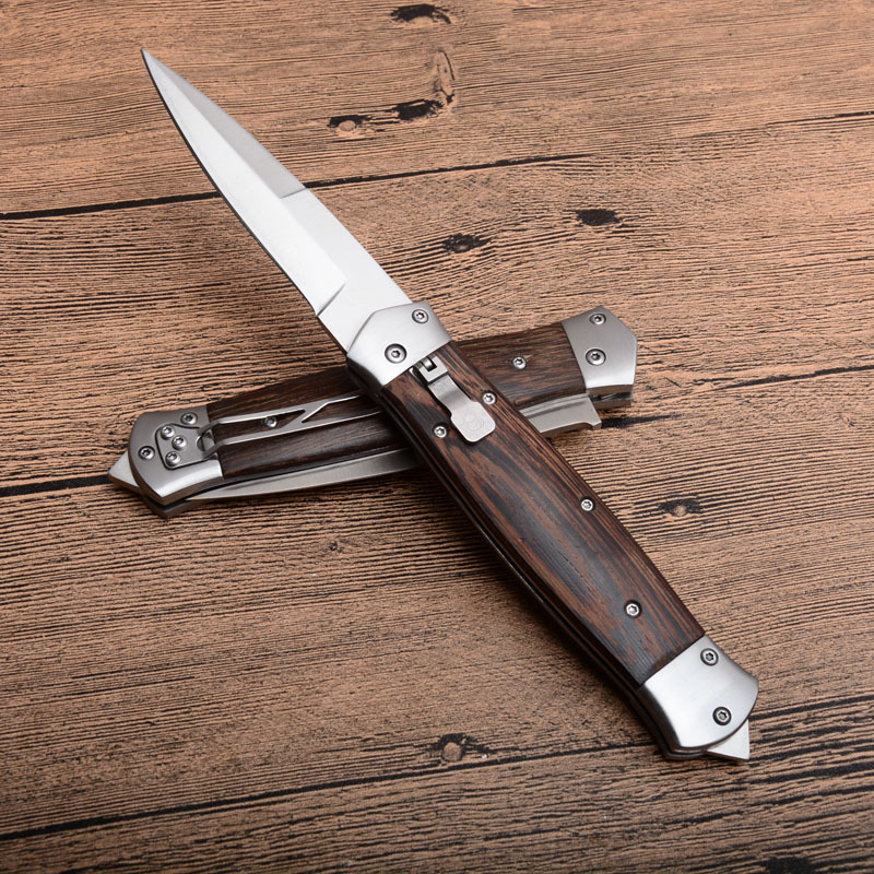 F125 Knifes Horizontal Fast Opening Auto Knife 3.54" 8Cr13 Satin Plain Blade, Wooden Handles
