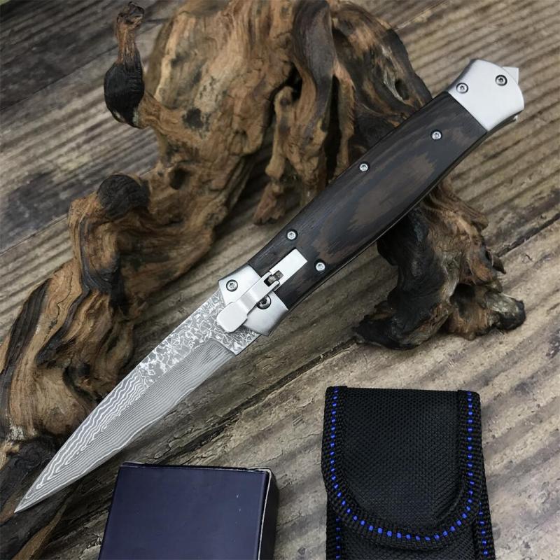 F125 Horizontal Knifes Fast Opening Auto Knifes 3.54" Damascus Plain Blade, Wooden Handles