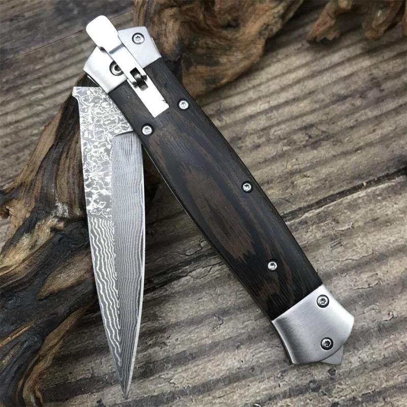F125 Horizontal Knifes Fast Opening Auto Knifes 3.54" Damascus Plain Blade, Wooden Handles