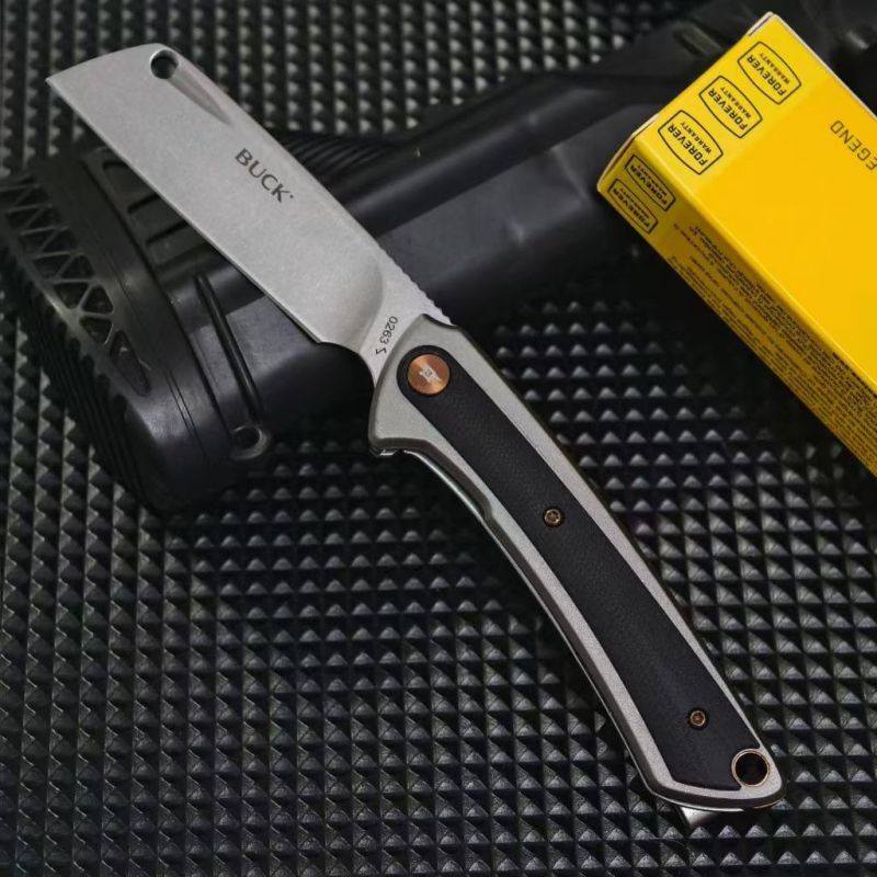 BK-263 XL Knives Manual Flipper Knife 2.83" D2 Cleaver-Style Blade, Gray Anodized Aluminum Handles with Black G10 Onlay